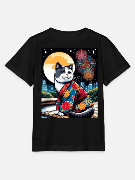 Moon Fireworks Floral Japanese Kitten Retro - Stanley/Stella MINI CREATOR Kids’ T-Shirt - black