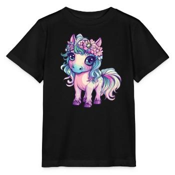 Poney arc-en-ciel avec des fleurs - T-shirt bio MINI CREATOR Stanley/Stella Enfant - noir - Devant - Mikhail (115cm)