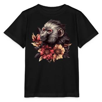 Nachdenklicher Affe mit Blumen - Stanley/Stella Kinder T-Shirt MINI CREATOR  - Schwarz - Vorne - Mikhail (115cm)