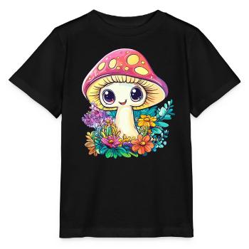 Glücklicher Fliegenpilz im Blumenfeld - Stanley/Stella Kinder T-Shirt MINI CREATOR  - Schwarz - Vorne - Mikhail (115cm)