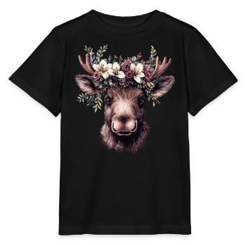 Realistischer Elch mit Blumen - Stanley/Stella Kinder T-Shirt MINI CREATOR  - Schwarz - Vorne - Mikhail (115cm)