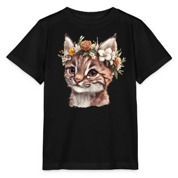 Wildkatze mit Blumenkranz - Stanley/Stella Kinder T-Shirt MINI CREATOR  - Schwarz - Vorne - Mikhail (115cm)