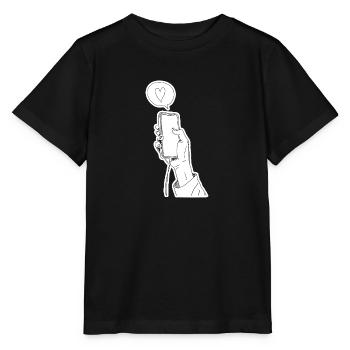 Hand holding mobile phone smartphone with heart - Stanley/Stella MINI CREATOR Kids’ T-Shirt - black - Front - Mikhail (115cm)