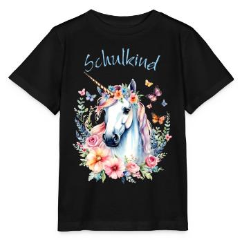 Romantisches Einhorn Blumenkranz - Schulkind 2026 - Stanley/Stella Kinder T-Shirt MINI CREATOR  - Schwarz - Vorne - Mikhail (115cm)