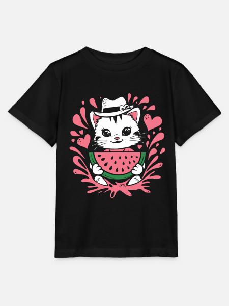 Süßes Kätzchen Mit Wassermelone Und Herzspritzern - Stanley/Stella Kinder T-Shirt MINI CREATOR  - Schwarz