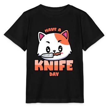 Cat with knife: Have A Knife Day - Stanley/Stella MINI CREATOR Kids’ T-Shirt - black - Front - Mikhail (115cm)