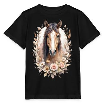 Brown horse with roses - Stanley/Stella MINI CREATOR Kids’ T-Shirt - black - Front - Mikhail (115cm)