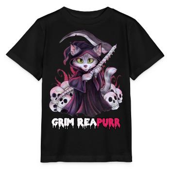 Grim Reapurr niedlich Katze als Sensenmann - Stanley/Stella Kinder T-Shirt MINI CREATOR  - Schwarz - Vorne - Mikhail (115cm)