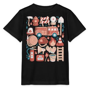 Feuerwehr Doodles Feuerwehrauto Feuerwehrmann - Stanley/Stella Kinder T-Shirt MINI CREATOR  - Schwarz - Vorne - Mikhail (115cm)