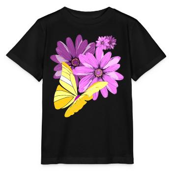 Schmetterling an Blüten - Stanley/Stella Kinder T-Shirt MINI CREATOR  - Schwarz - Vorne - Mikhail (115cm)