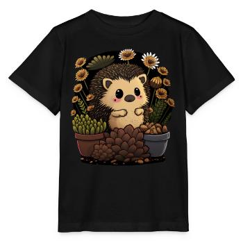 Kleiner Igel, Blumentopf, Kaktus, Blüten, Garten - Stanley/Stella Kinder T-Shirt MINI CREATOR  - Schwarz - Vorne - Mikhail (115cm)
