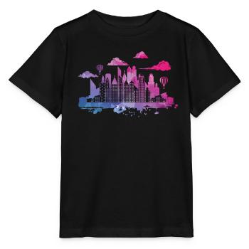 Skyline mit Heißluftballons Gebäude Stadt - Stanley/Stella Kinder T-Shirt MINI CREATOR  - Schwarz - Vorne - Mikhail (115cm)
