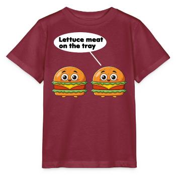 Salatfleisch auf dem Tablett lustiges Burger-Wortspiel - Stanley/Stella Kinder T-Shirt MINI CREATOR  - Burgunderrot - Vorne - Kain (125cm)