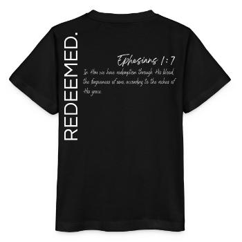Redeemed - Ephesians 1:7 Christian Design - Stanley/Stella MINI CREATOR Kids’ T-Shirt - black - Back - Mikhail (115cm)