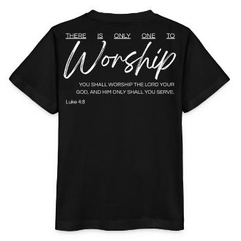 There Is Only One to Worship - Luke 4:8 - Stanley/Stella MINI CREATOR Kids’ T-Shirt - black - Back - Mikhail (115cm)