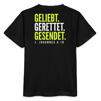Geliebt. Gerettet. Gesendet. – 1. Johannes 4,10 - Stanley/Stella Kinder T-Shirt MINI CREATOR  - Schwarz - Hinten - Mikhail (115cm)