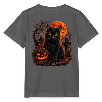 Schwarze Katze in Halloween-Szenerie - Stanley/Stella Kinder T-Shirt MINI CREATOR  - Anthrazit - Vorne - Kain (125cm)