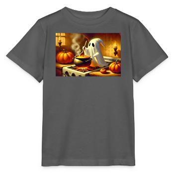 Ghost stands at the stove and cooks pumpkin soup - Stanley/Stella MINI CREATOR Kids’ T-Shirt - anthracite - Front - Kain (125cm)