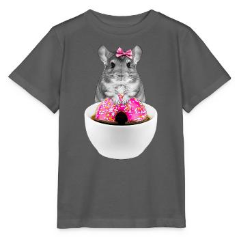 Lustiger Hamster mit rosa Donuts und Schleife - Stanley/Stella Kinder T-Shirt MINI CREATOR  - Anthrazit - Vorne - Kain (125cm)
