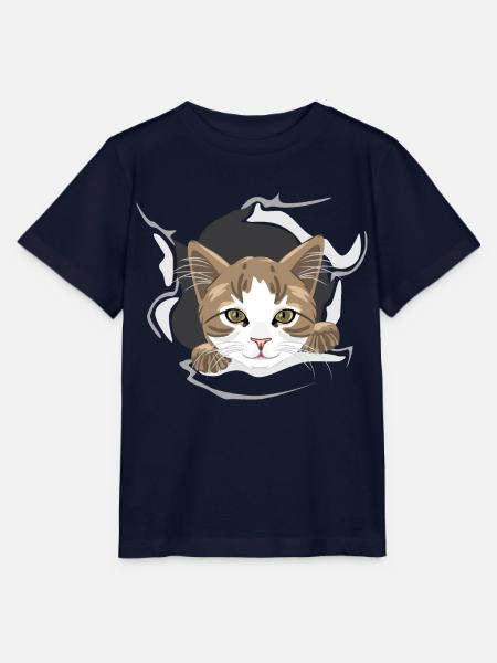 Glückliche Katze späht durch zerrissenes Papier - Stanley/Stella Kinder T-Shirt MINI CREATOR - Navy