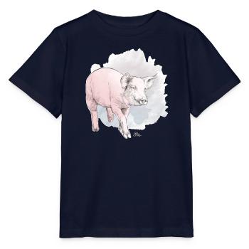 Niedliches Schwein vor buntem Klecks - Stanley/Stella Kinder T-Shirt MINI CREATOR  - Navy - Vorne - Kain (125cm)
