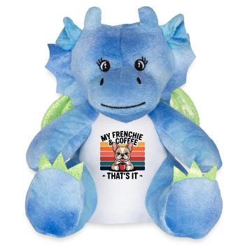 Frenchie buveur de café avec arc-en-ciel - Peluche dragon 22 cm - blanc/bleu - Devant