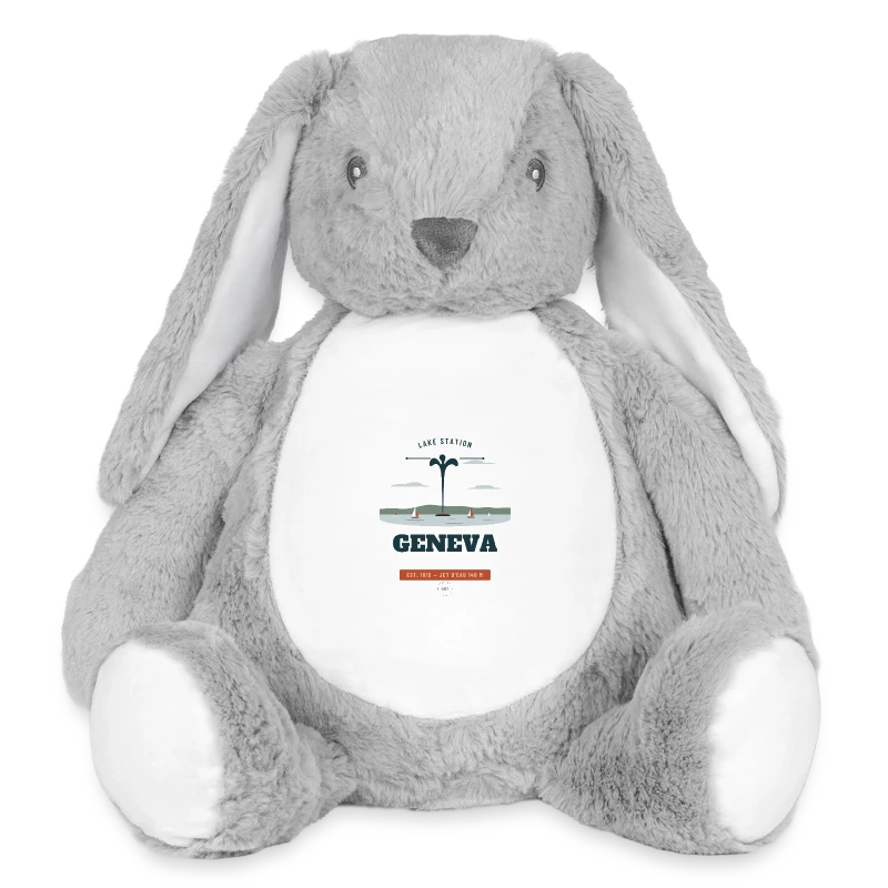 Geneva badge on a plush toy bunny 45 cm