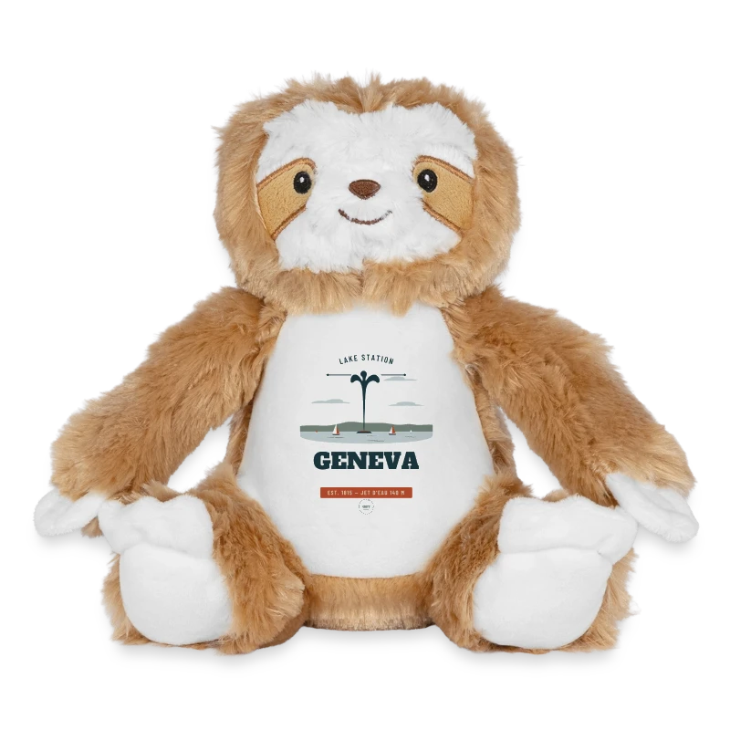 Geneva badge on a plush toy sloth 22 cm