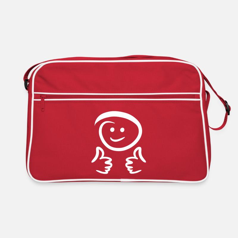 Face smiles, shows two thumbs up. Emoticon. Retro Bag