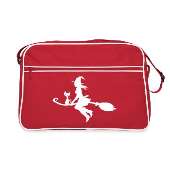 Witch on broom with cat - Retro Bag - red/white - Front