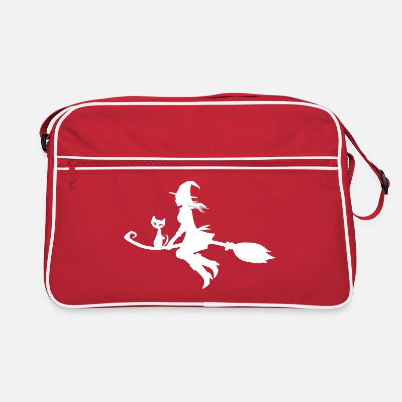 Hexe auf Besen mit süßer Katze "CatRina" - Retro Tasche - Rot/Weiß