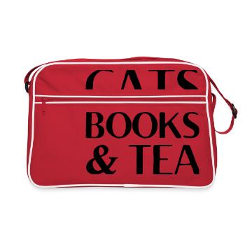 katzen buecher und tee Katzen Geschenk - Retro Tasche - Rot/Weiß - Vorne