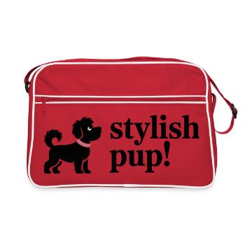 Adorable Black Puppy with Pink Collar - Retro Bag - red/white - Front