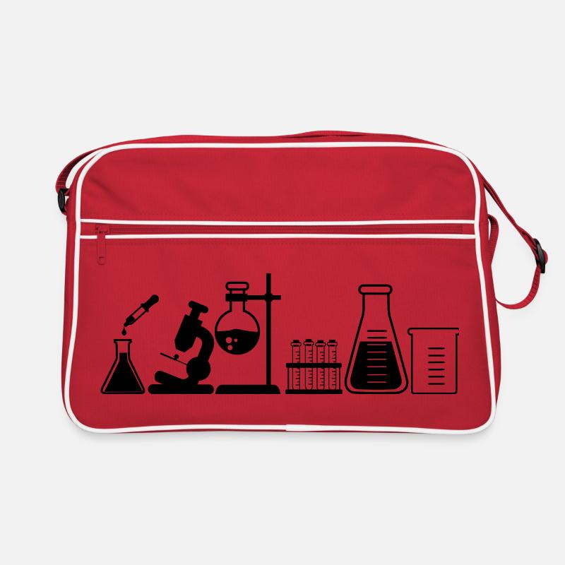 Labor mit Gläsern, Mikroskop und Röhrchen - Retro Tasche - Rot/Weiß
