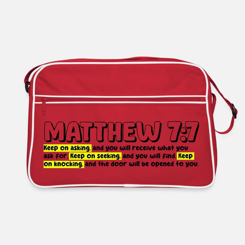 Matthäus 7:7 | Bibelzitat - Retro Tasche - Rot/Weiß