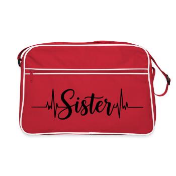 Sister Schriftzug mit Herzschlag - Retro Tasche - Rot/Weiß - Vorne