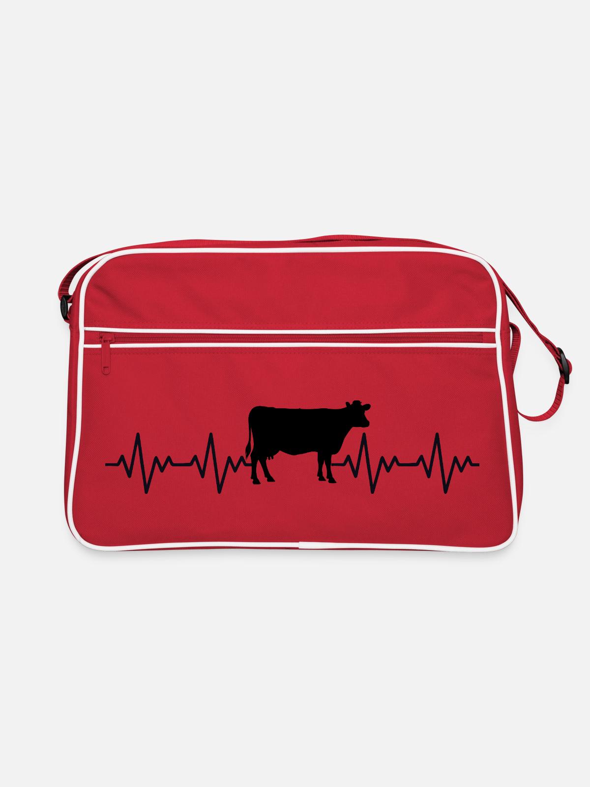 Farmer Cow ECG Heartbeat - Retro Bag - red/white - Front