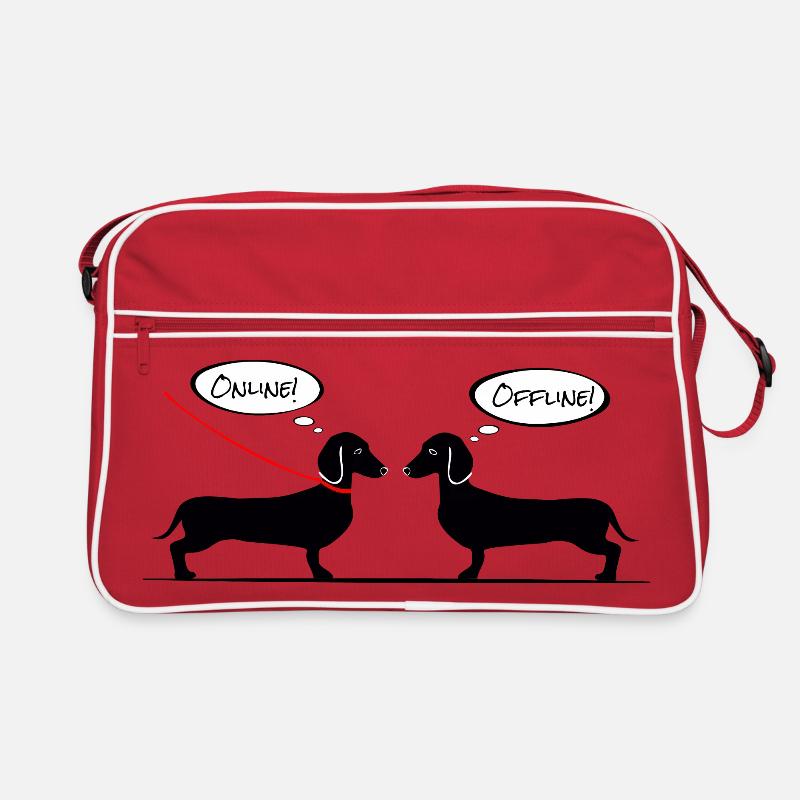 Dackel online, Teckel offline - Dachshund Shirt - Retro Tasche - Rot/Weiß
