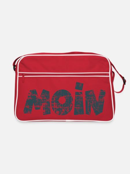 Moin (Vintage Dunkelblau) Guten Morgen Gruß - Retro Tasche - Rot/Weiß - Vorne