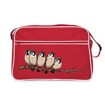 Cinq oiseaux sur une branche – Illustration mignonne - Sac Retro - rouge/blanc - Devant