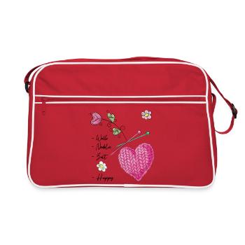 Coeur tricoté avec des fleurs et des aiguilles à tricoter - Sac Retro - rouge/blanc - Devant