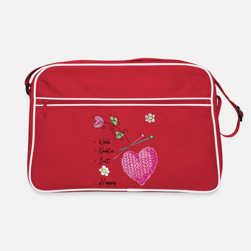 Gestricktes Herz mit Blüten und Stricknadeln - Retro Tasche - Rot/Weiß