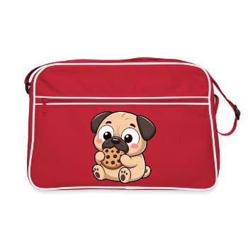Cute Pug Comic Biscuit Snacking Cartoon - Retro Bag - red/white - Front