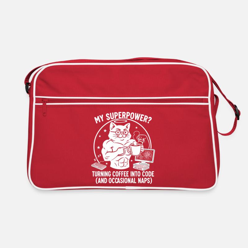 Lustiges Coding Katze T-Shirt - Superkraft Kaffee Retro Tasche