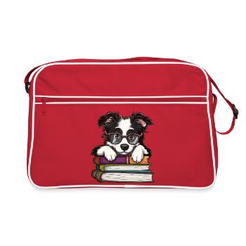 Un mignon livre de lecture pour chiens de border collie avec des lunettes - Sac Retro - rouge/blanc - Devant