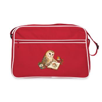 Eule malt ein Rotkehlchen - Retro Tasche - Rot/Weiß - Vorne