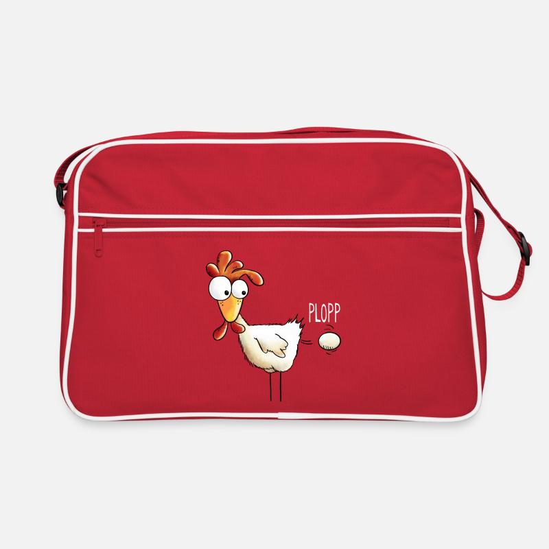 Plopp es ist raus das Ei - Huhn - Hahn - Gockel - Retro Tasche - Rot/Weiß