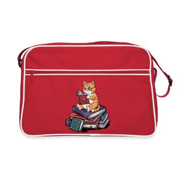 Bookworm Cat Kitten Reading Books Art - Retro Bag - red/white - Front