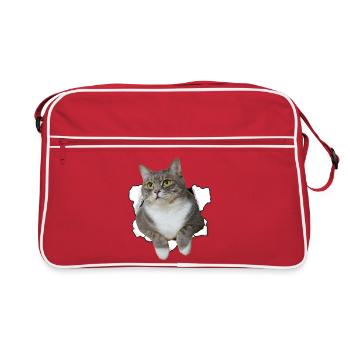Chat mignon qui sort du trou - Dessin drôle de chat - Sac Retro - rouge/blanc - Devant