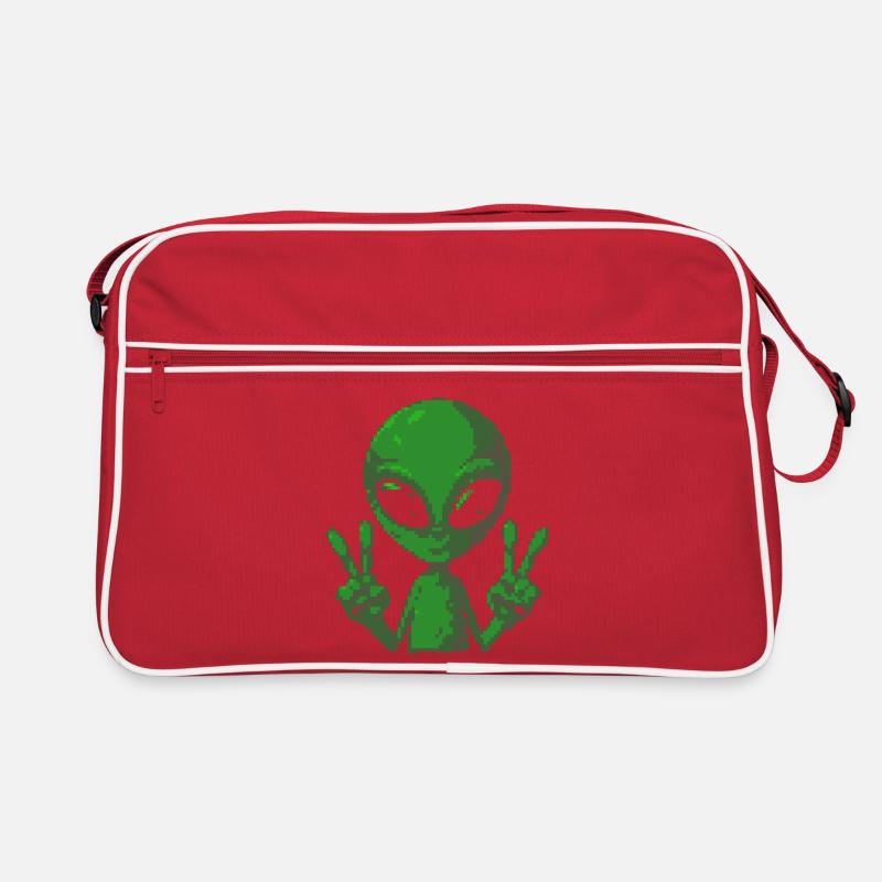 Pixel grünes Alien-Friedenszeichen Retro Tasche